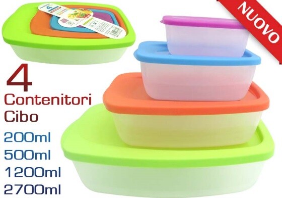 Set 4 Pz Contenitori In Plastica Rettangolari Con Coperchio Per Alimenti sus