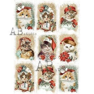Retro Kitty Cat Christmas | A4 Rice Paper | A4 Decoupage Paper | AB Studios