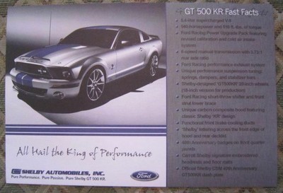 Carroll Shelby GT500KR Hero Card Brochure 2008 Ford Mustang SVT Cobra 540hp SAI