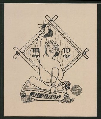 Exlibris Marie Melzel, Nackedei spielt mit Garn & Stricknadeln 