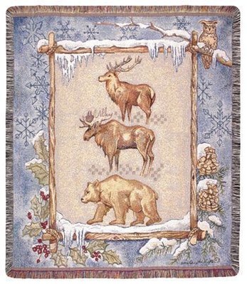 Simply Home Elk Moose Bear Winter Scene Tapestry Throw 50" x 60"