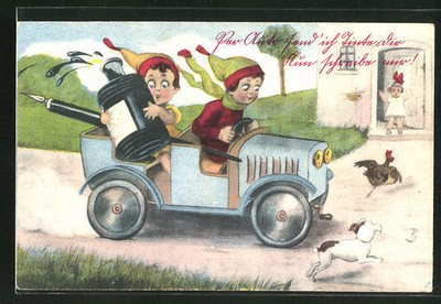 Kinder transportieren Tintenfaß und Füller mit dem Auto, Ansichtskarte 