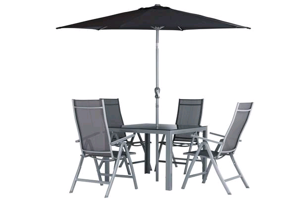 Four seater grey and black glass garden table and chairs with parasol