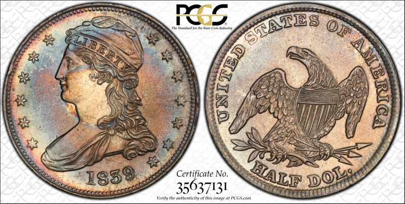 PCGS 1839 50C GR-7 RE, Capped Bust Half Dollar, Lg. Let. (Regular Strike) - rare