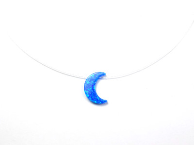 Half Moon Floating illusion Necklace. Lab-Created Opal Crescent Moon.