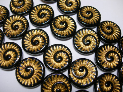 6 - 18mm Black Gold Fossil Snail Shell Spiral Czech Glass Coin Beads