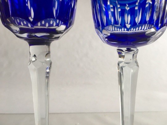 Pair German Bohemian Cut To Clear Cobalt Blue Wine Roemer Rohmer Glasses Lot