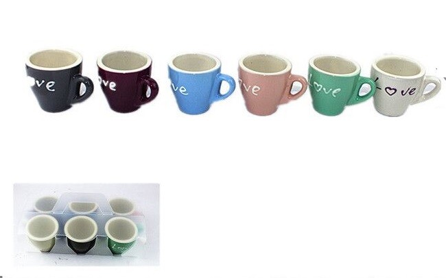 Set Servizio 6 Tazzine Tazze Caffè Colorate Color Pastello Ceramica Love dfh