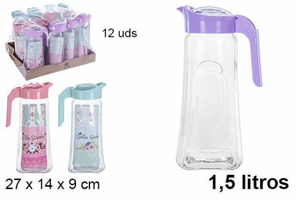 Set 12 Pezzi Brocca Brocche Caraffa In Vetro 1,5Lt Coperchio Colorato dfh