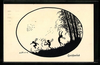 Künstler-AK Elsbeth Forck: Herbstwind, Windgesicht pustet auf Feen hinab, Schat 