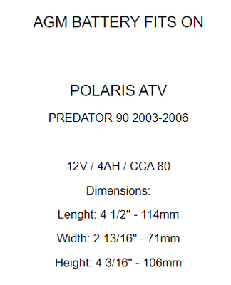 AGM Battery for Polaris Predator 90 2003 2004 2005 2006
