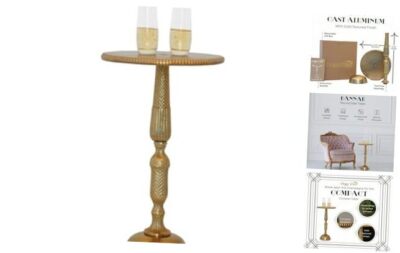  Small Round Gold Side Table, Accent, End, Pedestal, Martini, Cocktail Hannah