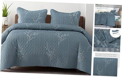  Reversible Floral Quilt Set Full Queen Size, 3 Queen (92''x96'') Floral-blue