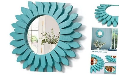  Beach Wall Decor Mirror 12 inch Wood Coastal Wall Decor 12''L x 12''W Cyan