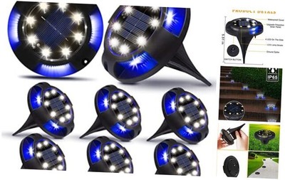 K.E.J. Solar Ground Lights Disk Lights 12 LED Solar Lights Outdoor 8 Pack Blue