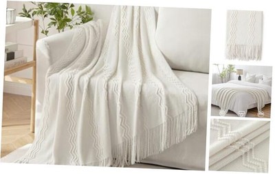  Knitted Blanket for Couch Textured Knit Blanket with Tassels Throw Off White