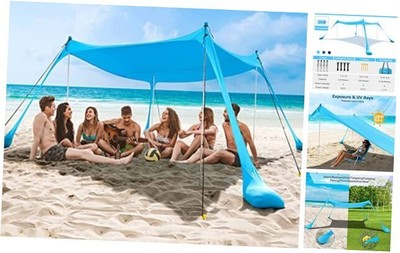 COMMOUDS Beach Tent, Camping Sun Shelter with UPF50+ 7 x 7 FT 4 Pole Sky Blue