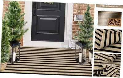 Collive Black and Tan Outdoor Rugs, 3x5 Stripe Front 3' x 5' Black/Khaki Strip