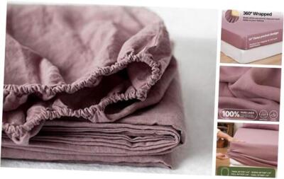  100% Linen Fitted Sheet (1 Piece) Mattress Cover, Natural Belgian Queen Purple