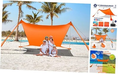 Beach Tent Sun Shelter UPF50+ 7x7 FT Windproof Pop Up 7×7 FT 2 Pole Orange
