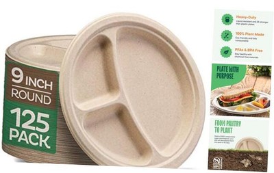 100% Compostable, 3 Compartment, Disposable Paper Plates 9'' - 3 Compartment