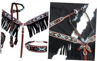 Showman 4 Piece Beaded Navajo Design Headstall & Breast Collar Set w/Fringe 