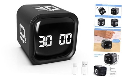Digital Cube Productivity Timer, Rotating Pomodoro Timer with Black
