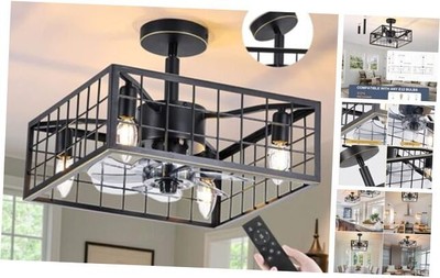 15 inch Caged Ceiling Fans With Light and remote, Black Farmhouse Industrial 