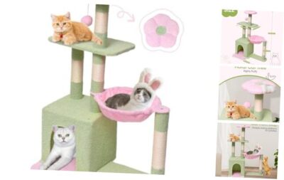 Cute Flower Cat Tree,37in Cute Cat Tree Tower Scratching Posts & Green + Pink