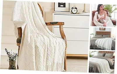  Knitted Throw Blankets for Couch and Bed, Soft Cozy Knit 60''x80'' A(off White)