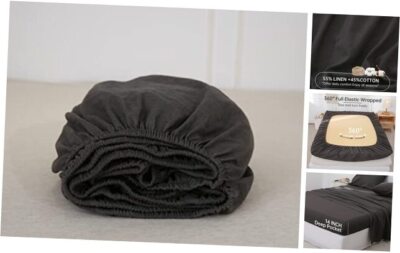  Linen Fitted Sheet (1 Piece) - 14 Inch Deep Pocket Mattress Queen Dark Grey