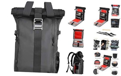  DSLR Camera Backpack Rolltop Laptop Compartment Quick Side Access Black