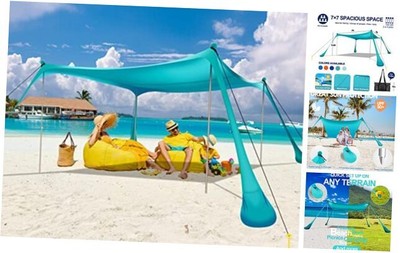 Beach Tent Sun Shelter UPF50+ 7x7 FT Windproof Pop Up 7×7 FT 4 Pole Sky blue