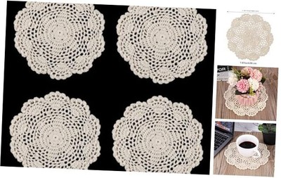  4 Pack Vintage Crochet Doilies 8 Inches Round Cotton Handmade Lace 8in Beige