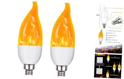 E12 Flame Bulbs 2 Pack, 3 Mode LED Candelabra 2.0 2 Packs Curved Tail & Higher