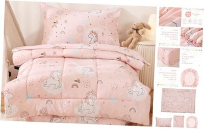 4 Piece Toddler Bedding Set, Girls Printed Microfiber Comforter Pink Unicorn