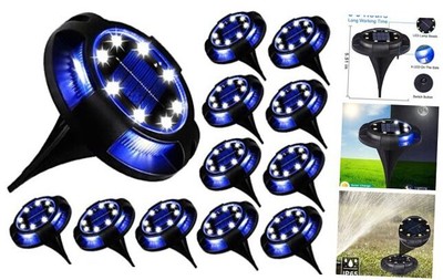 K.E.J. Solar Ground Lights Disk Lights Outdoor Powered 12pcs Cold+Blue
