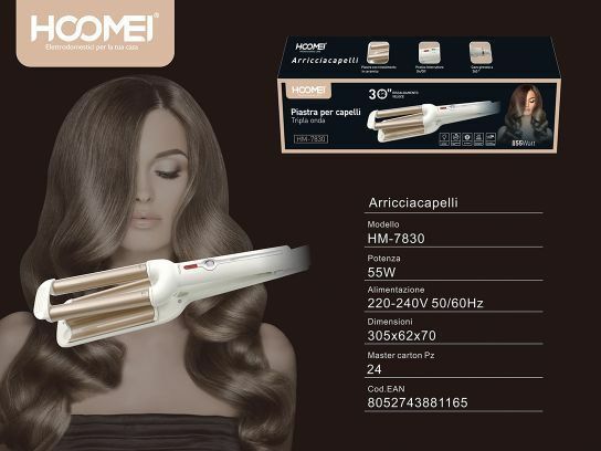Piastra Capelli Ondulati 3 Tubi Effetto Onde Arricciacapelli Ricci Hoomei Hm7830
