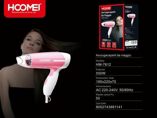 Phon Professionale Asciugacapelli Phono Asciuga Capelli 550W Hoomei Hm-7612