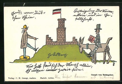 Künstler-AK Bonn-Godesberg, Holzspielzeug vor Holzmodell der Godesburg 1898 