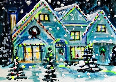 ACEO Original Winter HOUSE Pine Trees PAINTING Snow Xmas Holiday Landscape ART
