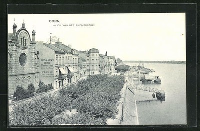 AK Bonn, Blick von der Rheinbrücke auf Synagoge und Dissmanns Hotel 
