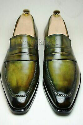 Pre-owned Handmade Men's Leather Green Patina Dress Loafers Hand Colored Unique Shoes-187