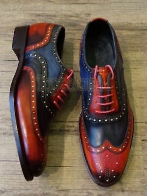 Pre-owned Handmade Men's Leather Patina Red And Black Wingtip Oxfords Custom Shoes-415 In Red & Black