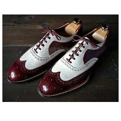 Pre-owned Handmade Men's Leather Maroon White Spectator Wing Tip Brogues Oxfords Shoes-205 In Red