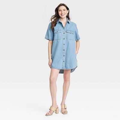 Universal Thread Women's Short Sleeve Denim Poplin Mini Shirt Dress