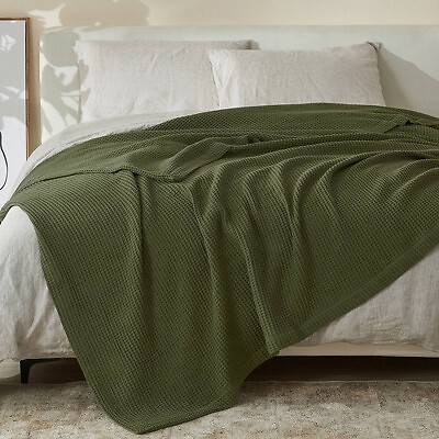 50''x60'' Cotton Waffle Weave Throw Blanket Olive Green - Patina Vie: Midweight,