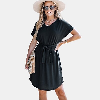 

Женское мини-платье с v-образным вырезом и короткими рукавами — Cupshe-S-Black, Not available