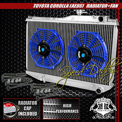 2-РЯДНЫЙ АЛЮМИНИЕВЫЙ ГОНОЧНЫЙ РАДИАТОР + 2 X 10 СИНИХ ВЕНТИЛЯТОРА ДЛЯ TOYOTA COROLLA AE86 84-87