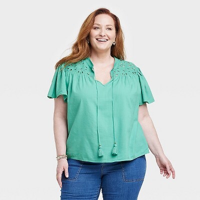 

Женский плетеный топ с короткими рукавами и v-образным вырезом - Knox Rose Green, Зеленый